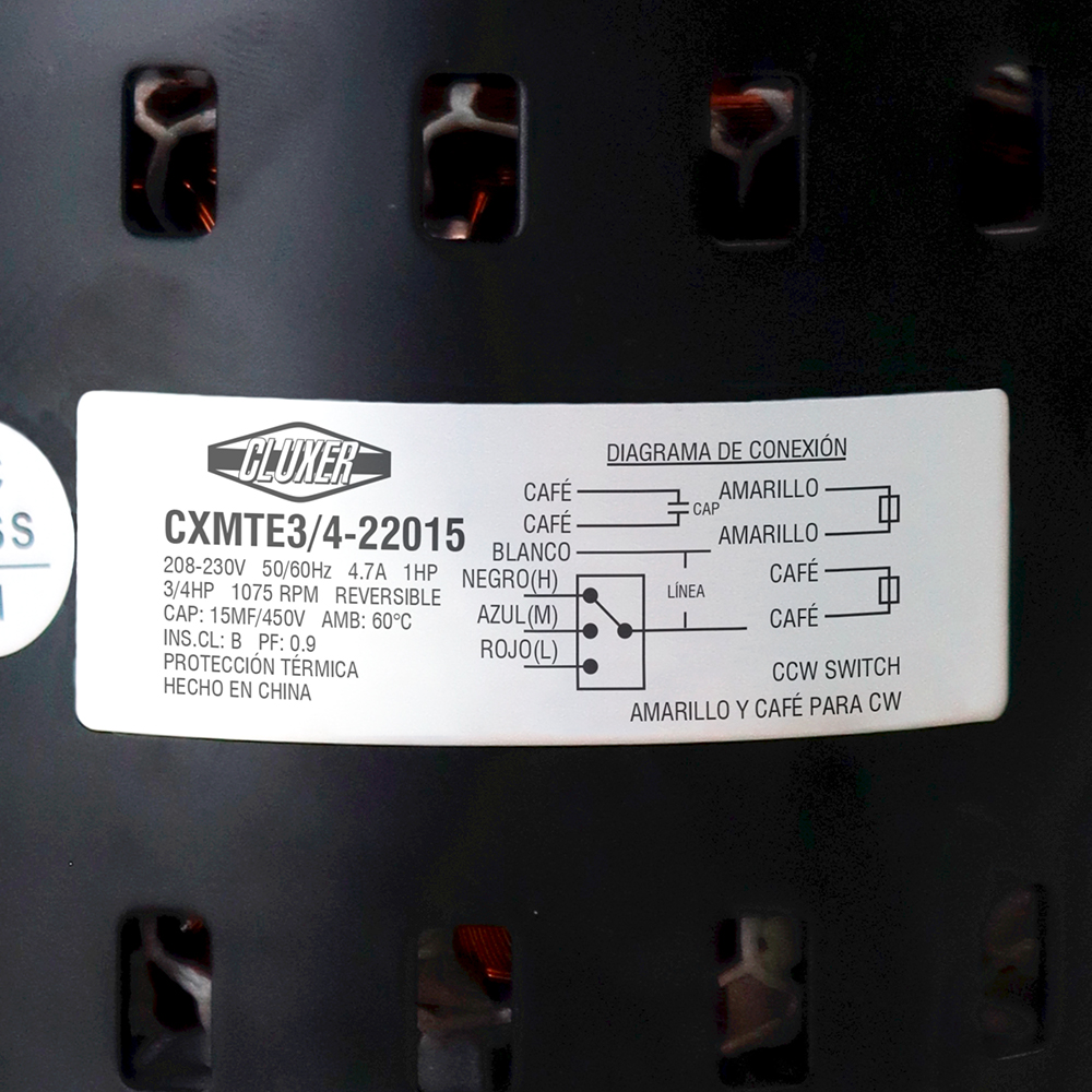 MOTOR EVAPORADOR 3/4HP, 220V FLECHA 1/2 Y 6 PULG., CAPACITOR 15MF BALEROS ARMAZON 48, Marca CLUXER, Modelo: CXMTE3/4-22015 - Imagen 2